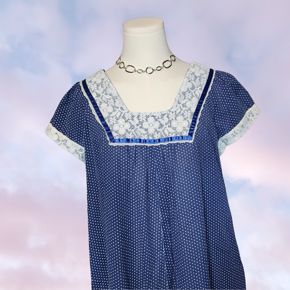 Vtg 70s Nalii Honolulu Navy Blue Polka Maxi Hawaiian Cottage Core Prairie - Picture 2 of 7